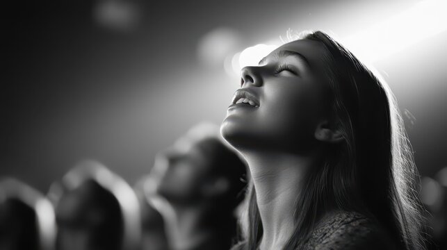 A captivating portrait captures a girl immersed in a moment of wonder under dramatic lighting, with an audience subtly present in the background during a lively event