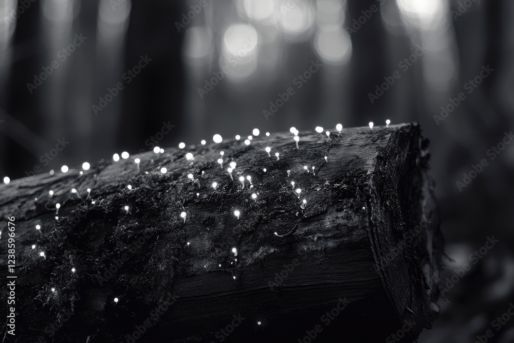 Poster tiny, luminous fungi illuminate a dark forest log, creating a magical, ethereal scene.