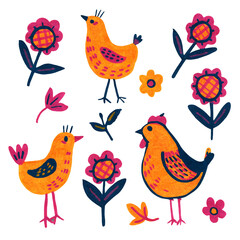 Set of cute hand drawn chickens, flowers and leaves.
