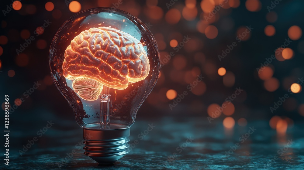 Poster intricate conceptual representation of a brain inside a light bulb symbolizing innovative ideas and 