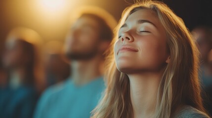 Portrait of a young woman enjoying a powerful moment of peace and introspection in a well-lit setting with soft, warm colors and glowing highlights