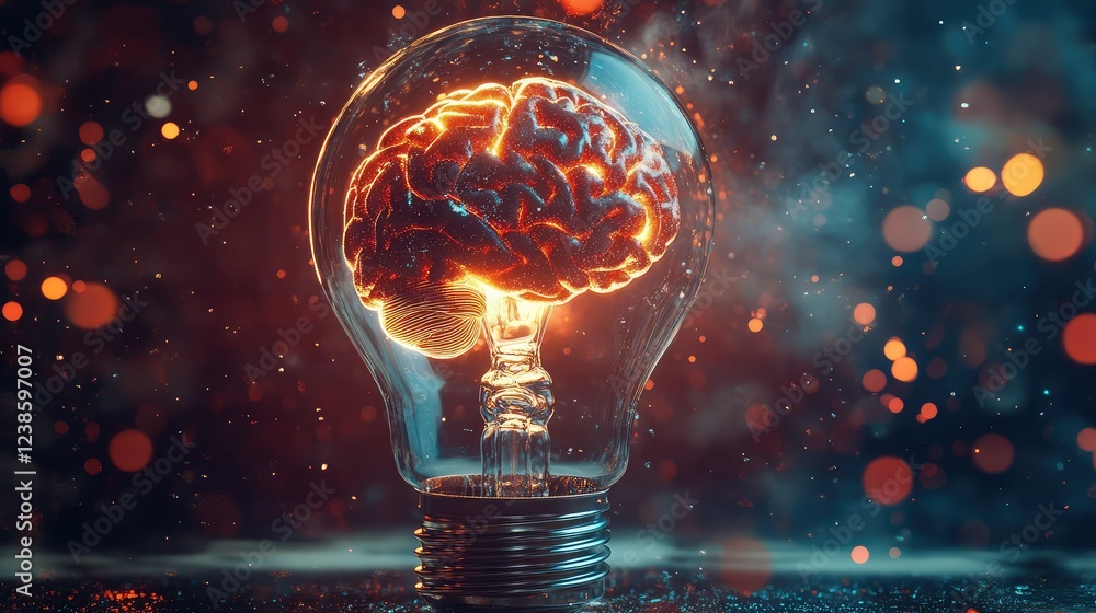 Poster illuminated brain within light bulb representing creative thinking and innovative ideas with a spark