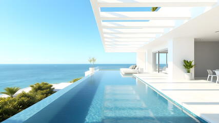 Obraz premium Luxury sea view swimming pool in modern white beach house - 3d rendering. Generative AI
