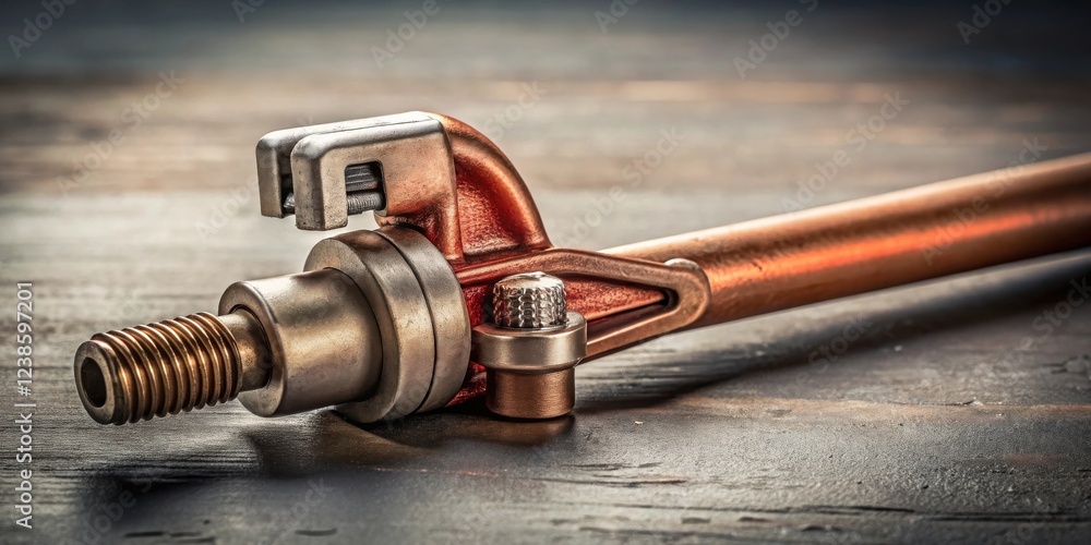 Fototapete close-up of industrial metallic device with threaded components resting on a dark surface