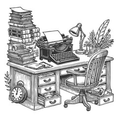 vintage writers desk featuring an antique typewriter, desk chair, and creative tools in a classic office setting sketch engraving generative ai raster illustration. Scratch board. Black and white.