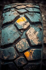 Close up view of a muddy tire with a distinctive diamond tread pattern. The tire shows signs of wear and significant mud accumulation, with patches
