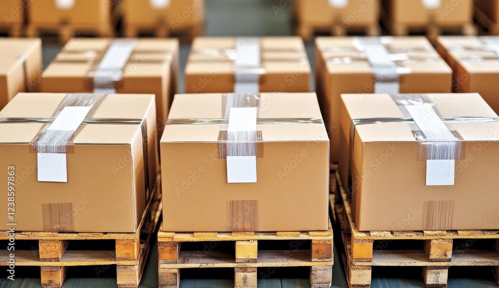 Poster numerous cardboard boxes secured with tape are neatly stacked on wooden pallets. the image shows a w