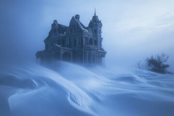 Obraz premium A snow-covered Victorian mansion stands alone in a blizzard, a scene of serene desolation.