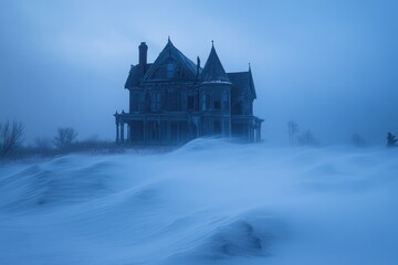 A majestic, abandoned Victorian mansion stands enveloped in a blizzard's icy embrace.