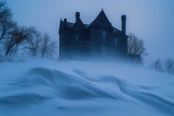 A dark Victorian mansion stands shrouded in a blizzard, a scene of eerie beauty and winter solitude.