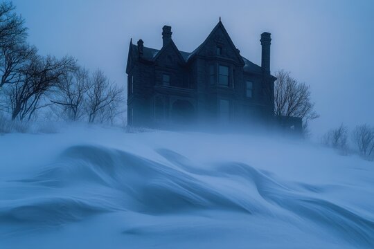 A dark Victorian mansion stands shrouded in a blizzard, a scene of eerie beauty and winter solitude.