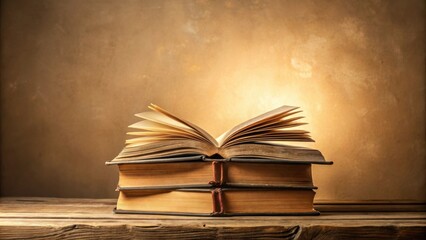 A Stack of Aged Books with an Open Volume Revealing its Yellowed Pages, Illuminated by a Soft Light on a Rustic Wooden Surface