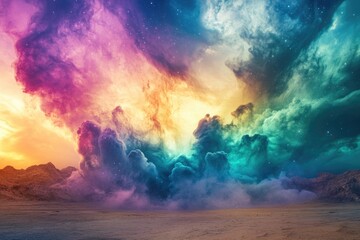 Fototapeta premium A vibrant nebula explodes over a desolate, mountainous desert landscape under a starry sky.