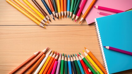 Fototapeta premium Top view of colored pencils, paper, notepads on the table.