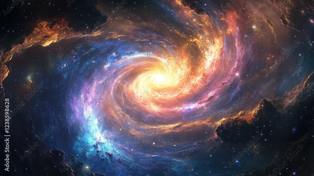 Poster stunning spiral galaxy in deep space featuring vibrant colors and celestial phenomena with swirling 