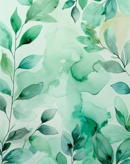 Pastel mint green with abstract leaves and fluid watercolor gradients abstract background