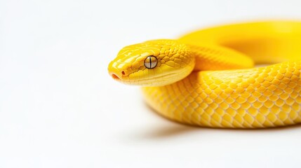 Fototapeta premium Elegant lunar snake displays stunning yellow hues against a white background while coiling gracefully, showcasing its unique features and texture