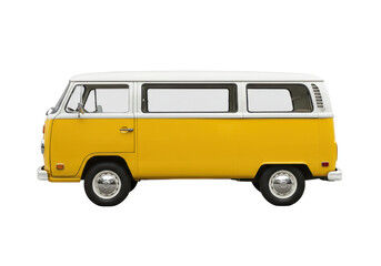 vintage yellow and white camper van with clean lines and classic design, isolated on white background