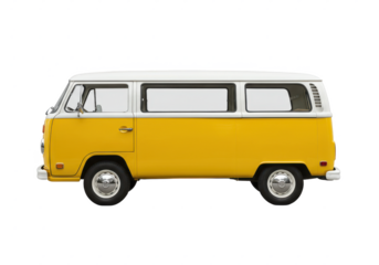 vintage yellow and white camper van with clean lines and classic design, isolated on white background
