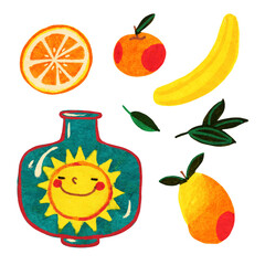 Set of hand drawn  fruits and bottle. Drawing with markers.