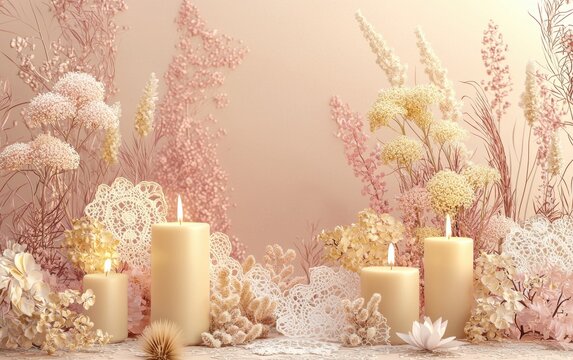 Festive display of scented candles, dried flowers, and delicate lace patterns, with a blank area for a sentimental message for Valentines Day, 8 March, and International Womens Day