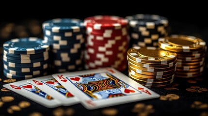 Poker Card Game Gambling Chips Black and Gold Background
