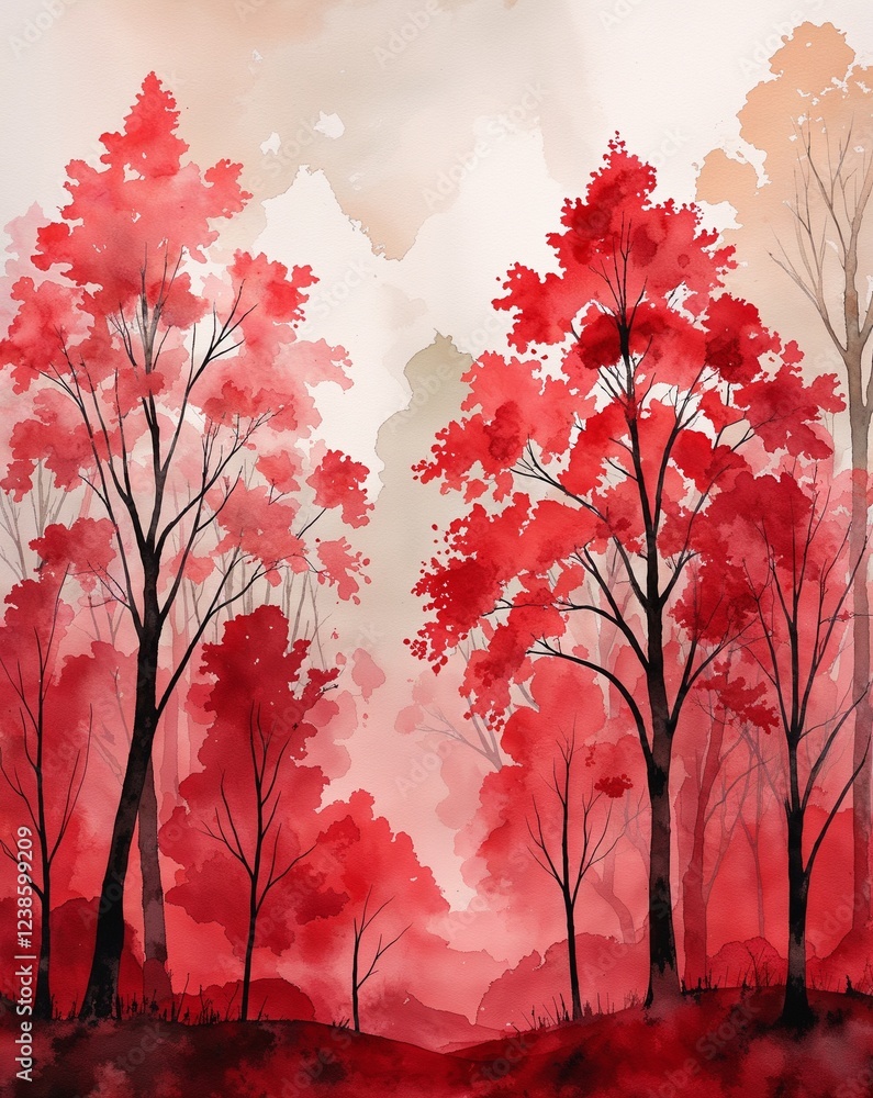 Poster rich red with watercolor trees softly blending into the background abstract background