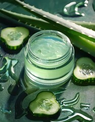 jar of soothing gel with aloe vera and cucumber, surrounded by fresh aloe vera leaves and cucumber slices
