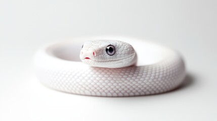 Fototapeta premium An elegant lunar snake gracefully rests on a smooth white surface, its striking features beautifully accentuated by the gentle glow of soft light surrounding it
