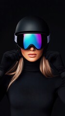 Young woman in sleek black ski gear with colorful goggles poses confidently against a dark background, ready for winter sports adventures