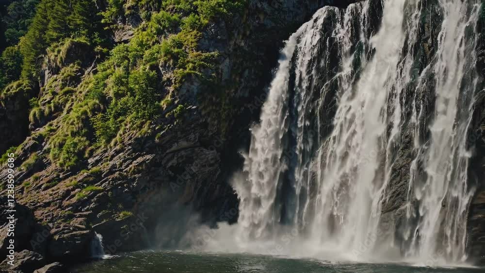 Poster view of a majestic waterfall cascading down rocky cliffs in a lush natural setting during sunny weat