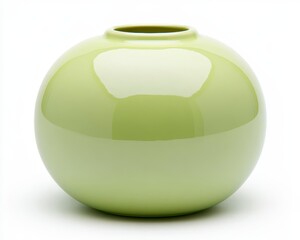 Pale green ceramic vase with a round body and a smooth, glossy finish, isolated on a white background. Simple, elegant design