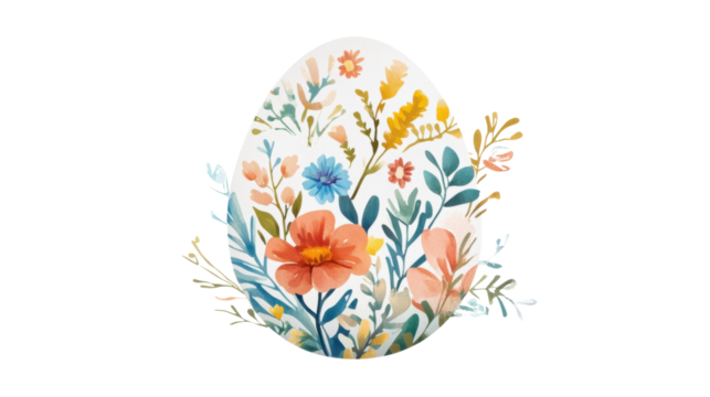 Easter egg decorated with blooming flowers and plants on transparent background