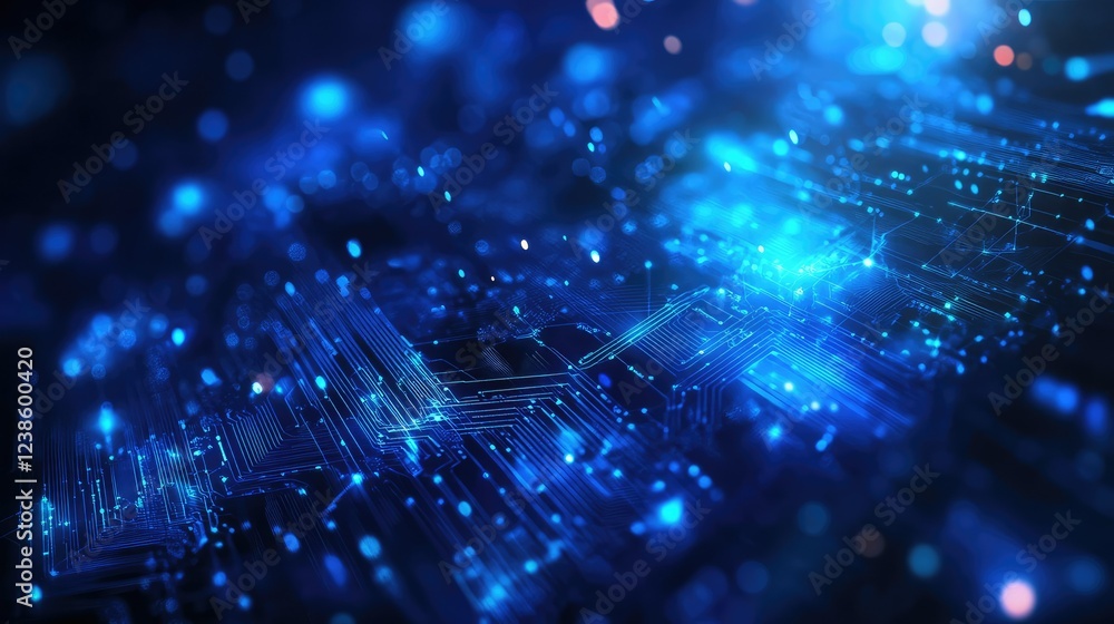 Poster futuristic blue circuit board background with glowing lights and data streams ideal for technology, 