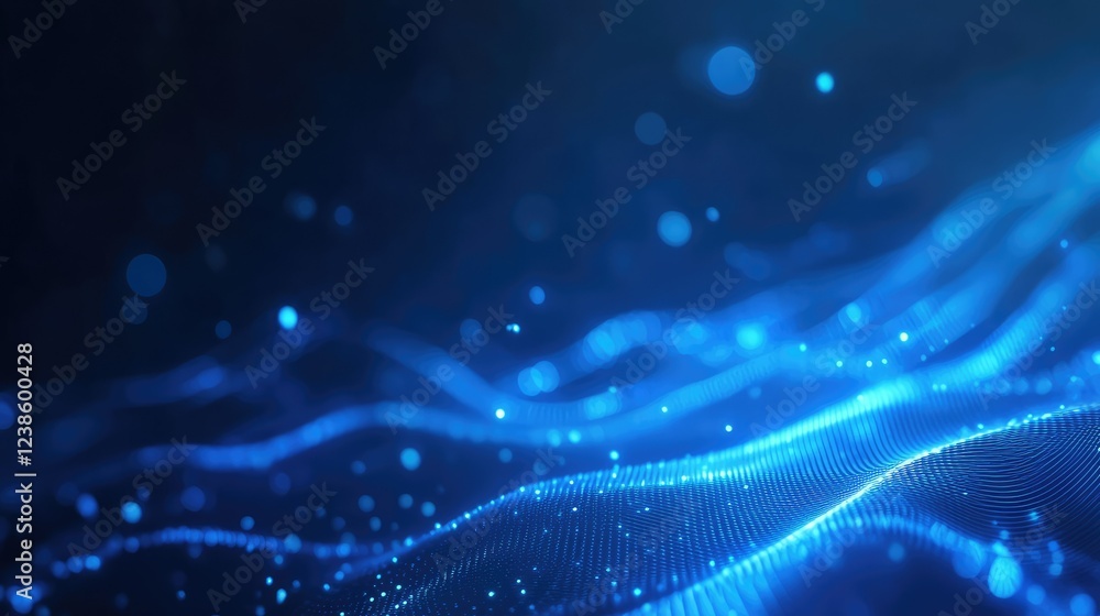Poster abstract blue waves with glowing particles creating a dynamic digital background for technology, sci
