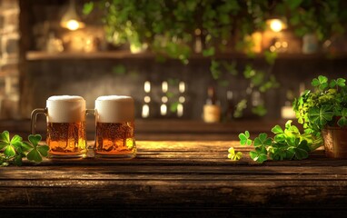 Festive Saint Patrick Day backdrop with a rustic wooden table, frothy beer mugs, and a warm blank area for a message