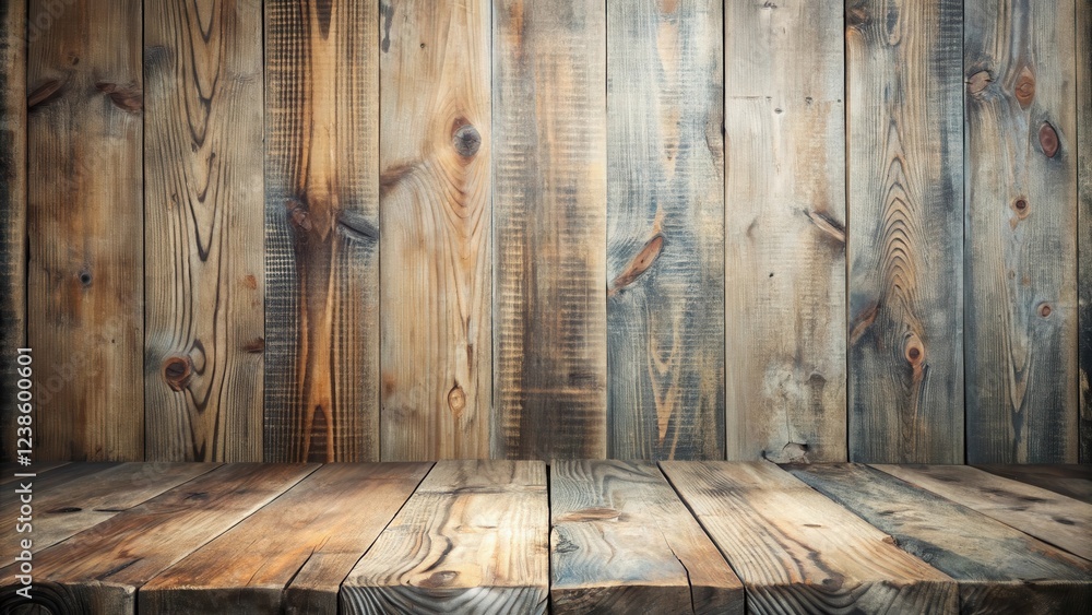 Poster Rustic Wooden Background with Weathered Planks and Empty Tabletop Ideal for Product Display or Text Overlay