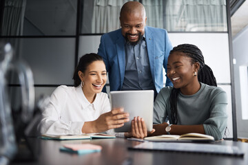 Tablet, discussion and business people in office planning, research or brainstorming for creative project. Digital technology, reading and manager with public relations team for multimedia report.