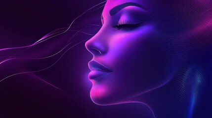 Abstract dark wave woman face with soft glowing lines and a smooth texture, set against a deep purple background with hints of light blue.