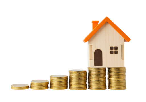 wooden miniature house with an orange roof balanced on stacks of golden coins, symbolizing real estate and financial growth, isolated on white background