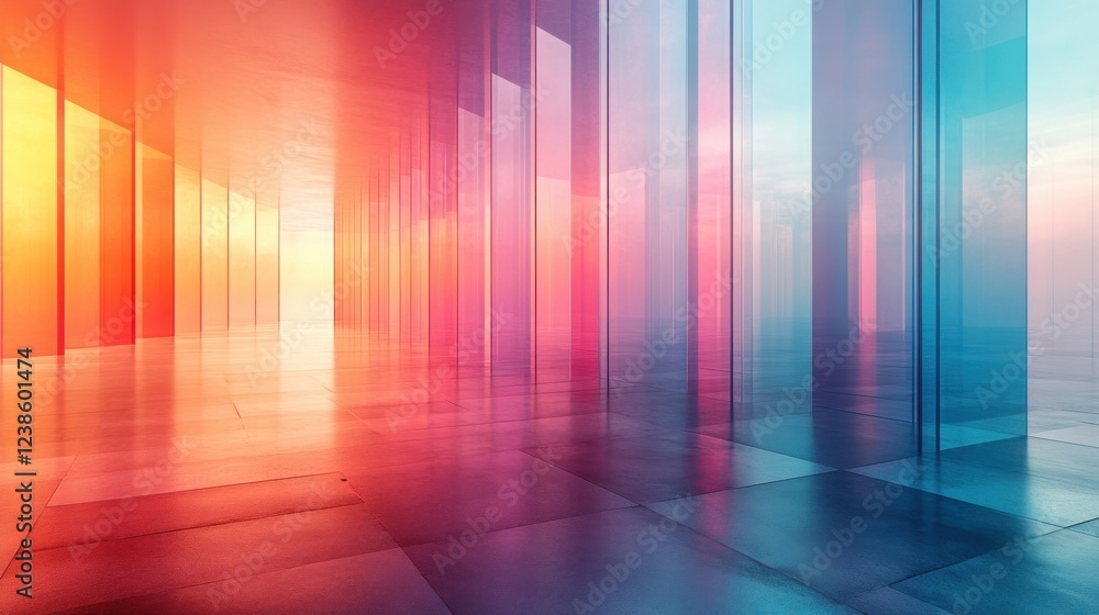 Poster abstract glass panels with gradient colors and soft backlighting in a modern geometric design