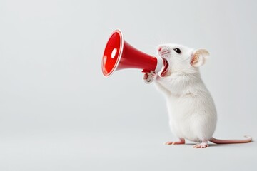 Fototapeta premium white mouse holding a red megaphone in a minimalistic studio light background