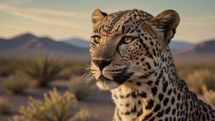 Close-up of a leopard in the desert at sunset showcasing its striking features