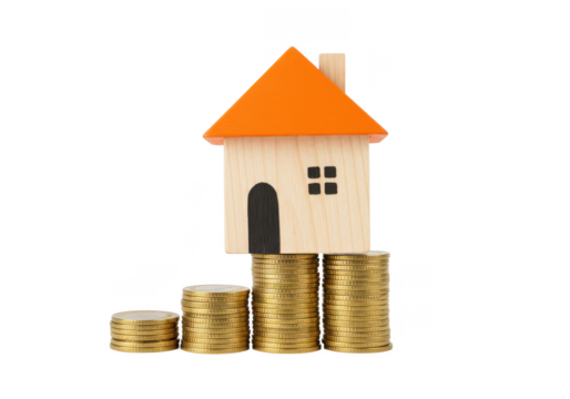 wooden miniature house with an orange roof balanced on stacks of golden coins, symbolizing real estate and financial growth, isolated on white background