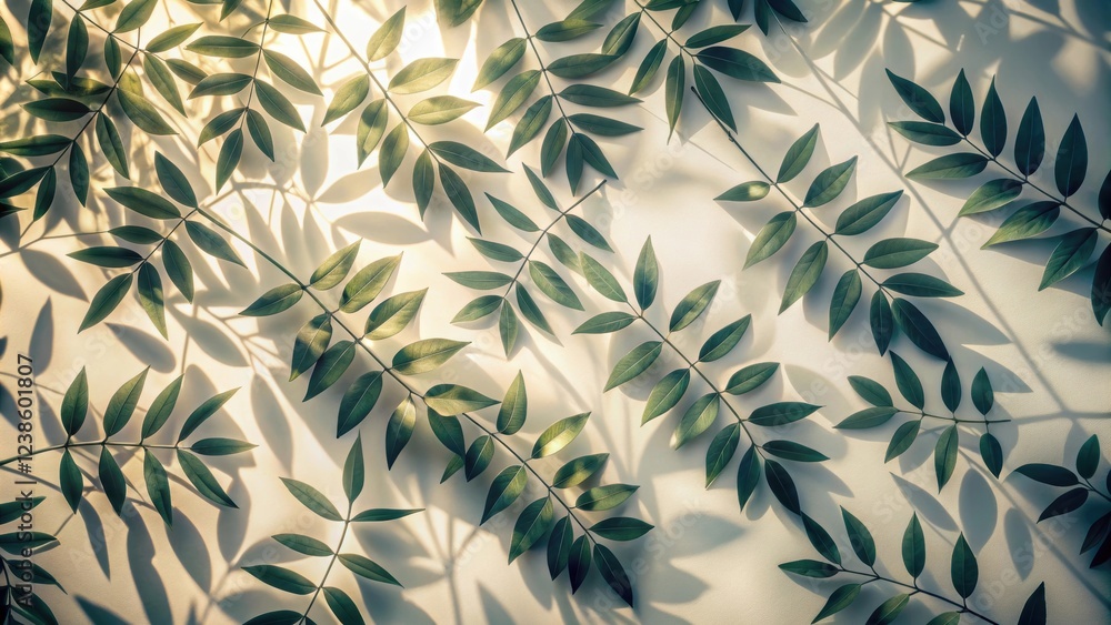 Aufkleber Sunlight Illuminating Green Sprigs Arranged on a Pale Surface, Creating a Serene and Natural Pattern