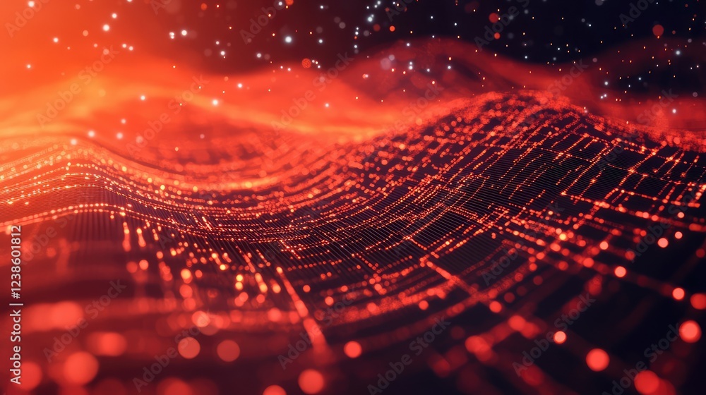 Poster abstract digital landscape with fluid red waves and sparkling particles creating a futuristic and en