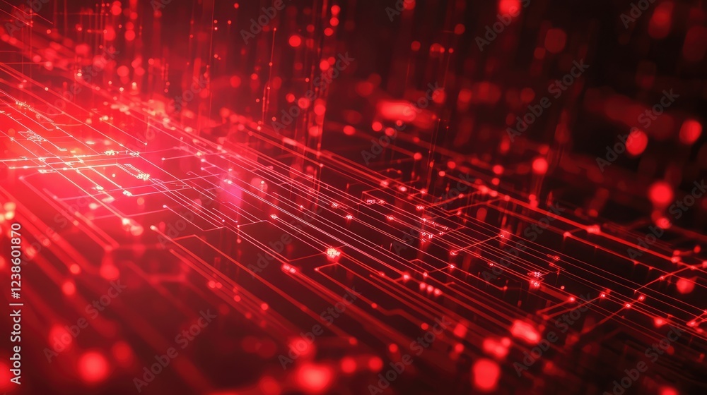 Poster abstract red data matrix with lines and dots representing digital connectivity and technology in a m