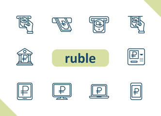 Ruble icons. Russian rouble, currency, money, cash, payment, investment, savings vector icon set