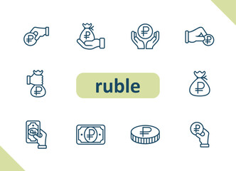 Ruble icons. Russian rouble, currency, money, cash, payment, savings, investment vector icon set