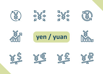 Yen, Yuan icons. Currency, Chinese, Japanese, money, payment, savings, investment vector icon set